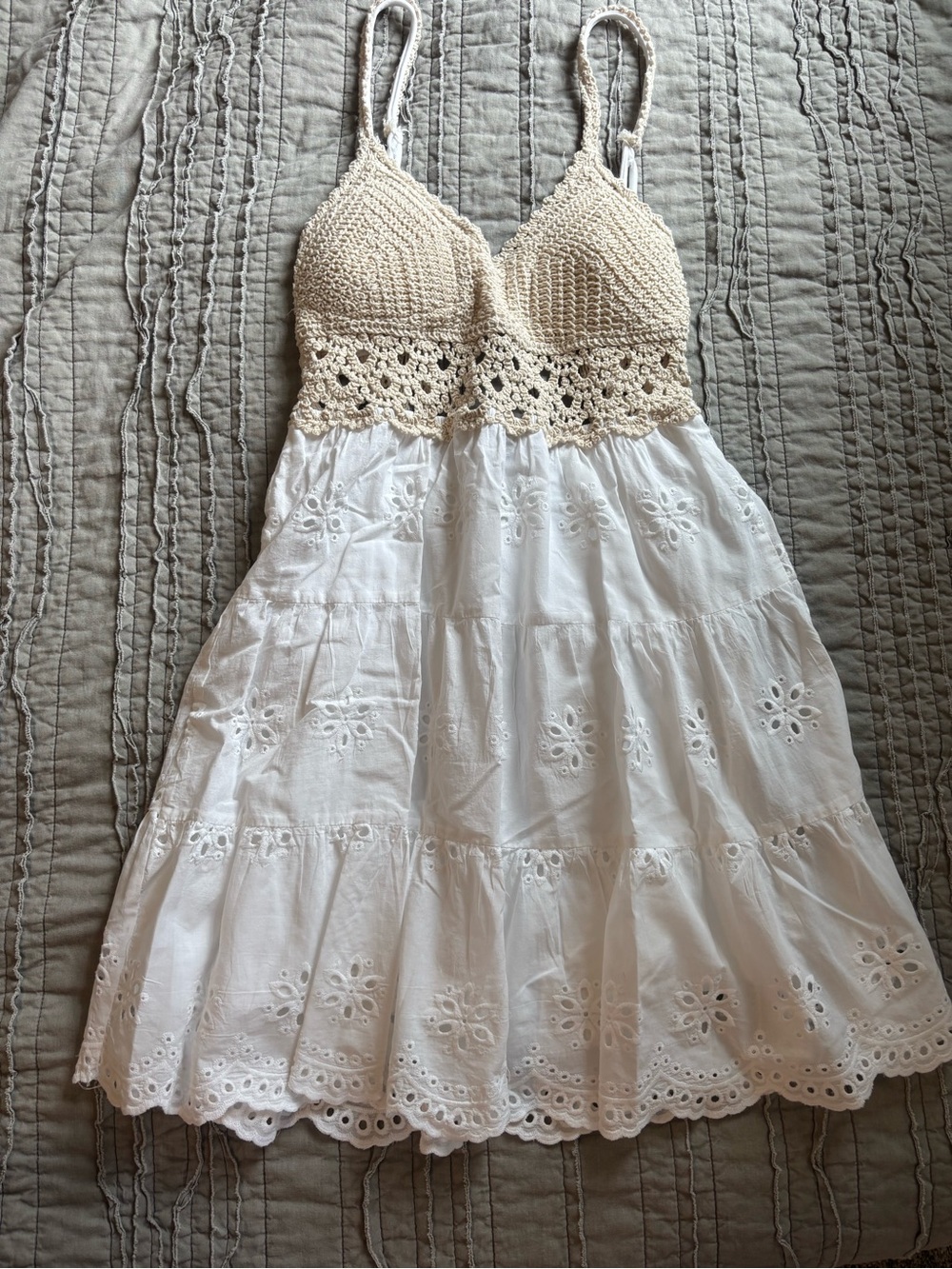 Beige Crochet Bust White Eyelet Sundress